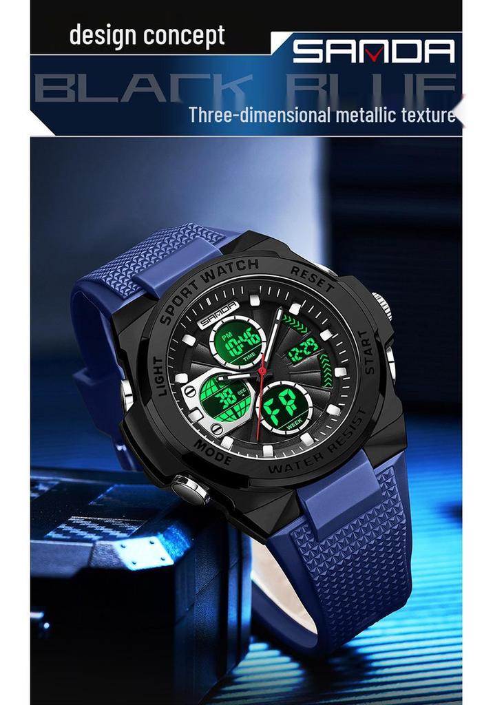 Sanda Men's Trendy Outdoor Sports Watch - Waterproof, Luminous, Multifunctional with Dual Display & Alarm.