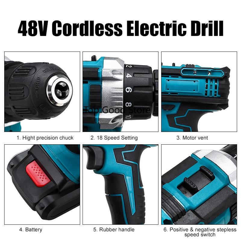 28N.m Rechargable Electric Hammer Drill Max Torque LED Light Screwdriver 1/2 Battery 1 Charger 48V 1500W