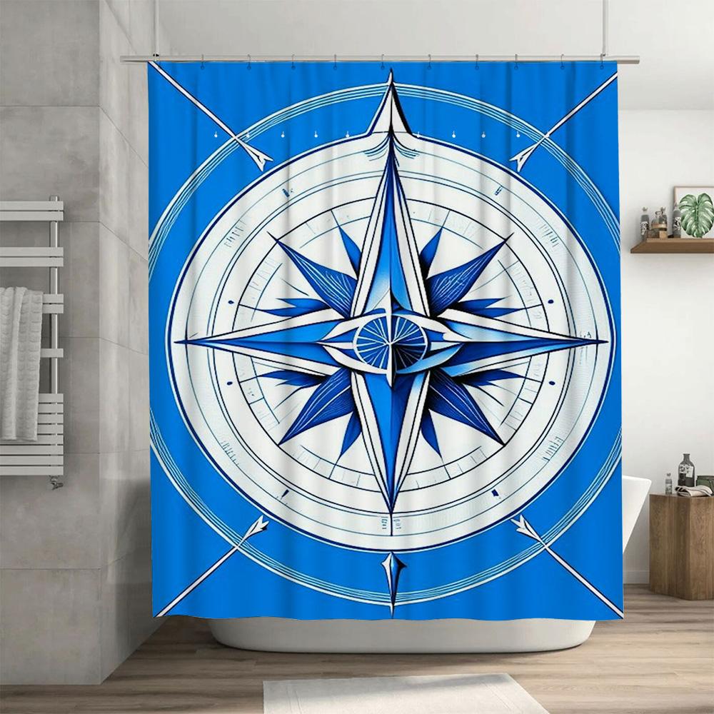 Retro Compass Shower Curtain Nautical Blue White Decor for Bathroom High-Quality Fabric Waterproof Bath Mat Set by TaurusDuan