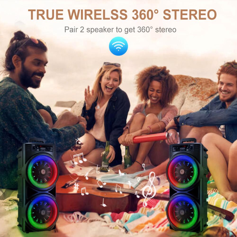 BT Outdoor Portable Wireless Speaker with Double Subwoofer Deep Bass RGB Lights 2400mAh Support USB/TF/AUX/FM/BT/MIC for Party