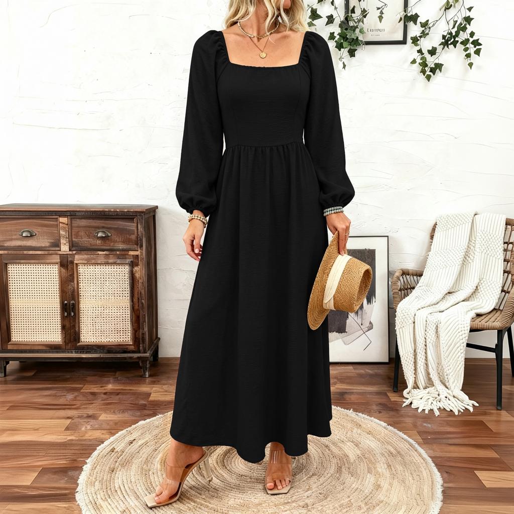 Women's Bohemian Color Square Neck Sleeve Flattering Long Dress