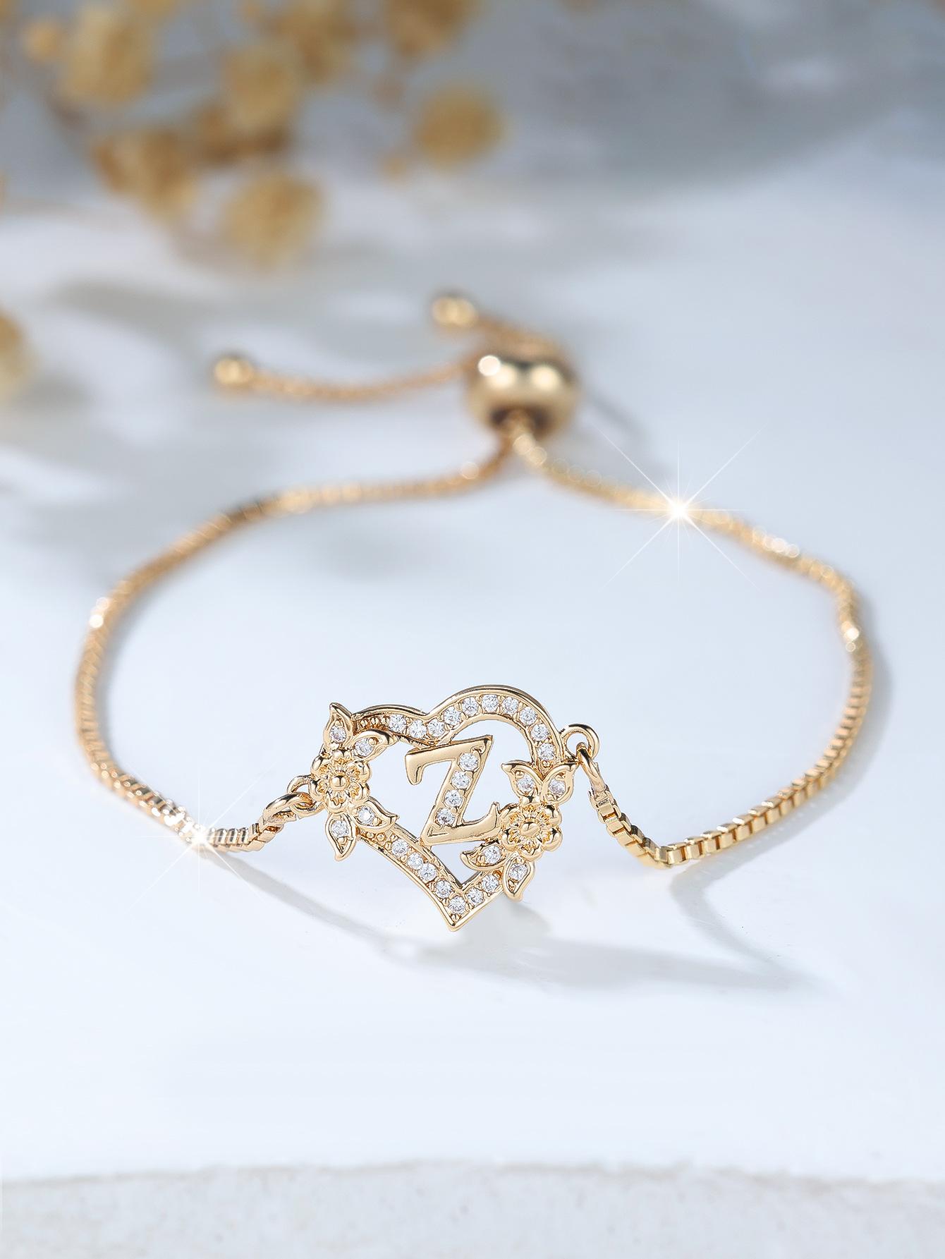 

Box chain gold and white diamond love flower letter leather bead bracelet adjustable simple atmospheric jewelry