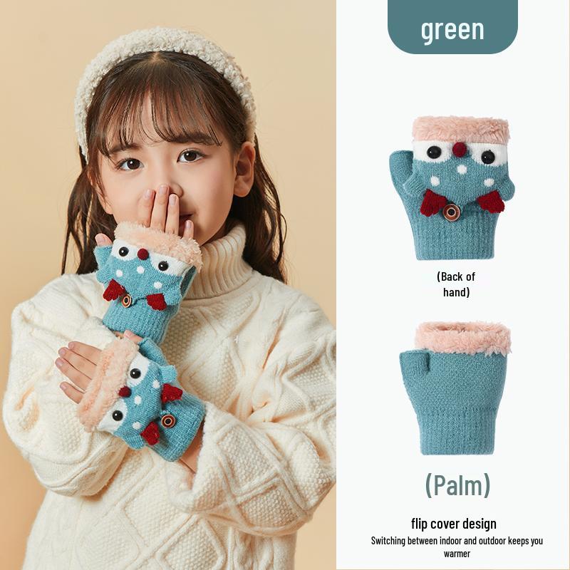 Kinder Rentier Fleece-gefütterte Fäustlinge mit Klappe, Gestrickt für Wärme, Halbfinger-Stil, Ideal zum Schreiben, Alter 3-10 Jahre, Herbst/Winter.