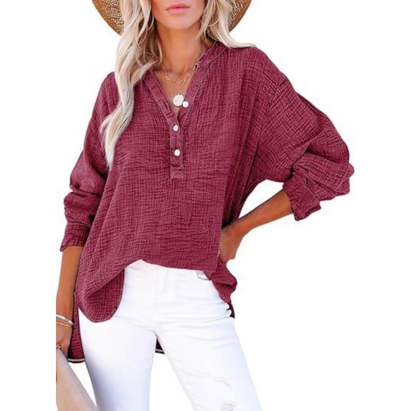 IHUASU Women's Fashion Casual Solid Color Print Long Sleeve V Neck Blouses & Shirts