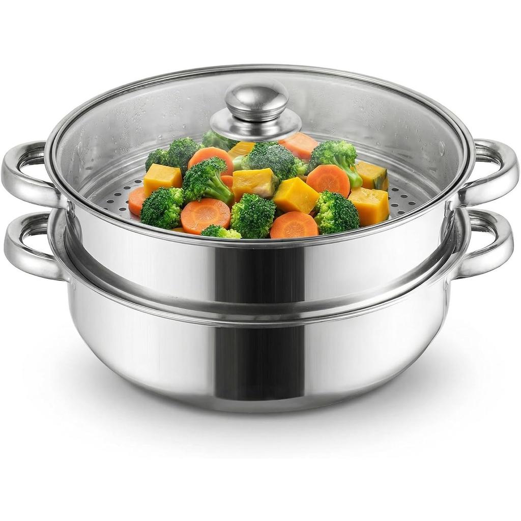 Steamer Pot With Lid 2 Tier, Multipurpose Stainless Steel Steaming Pot, Steam Pots With Handle For Vegetable, Dumpling, Food, 11 Inch