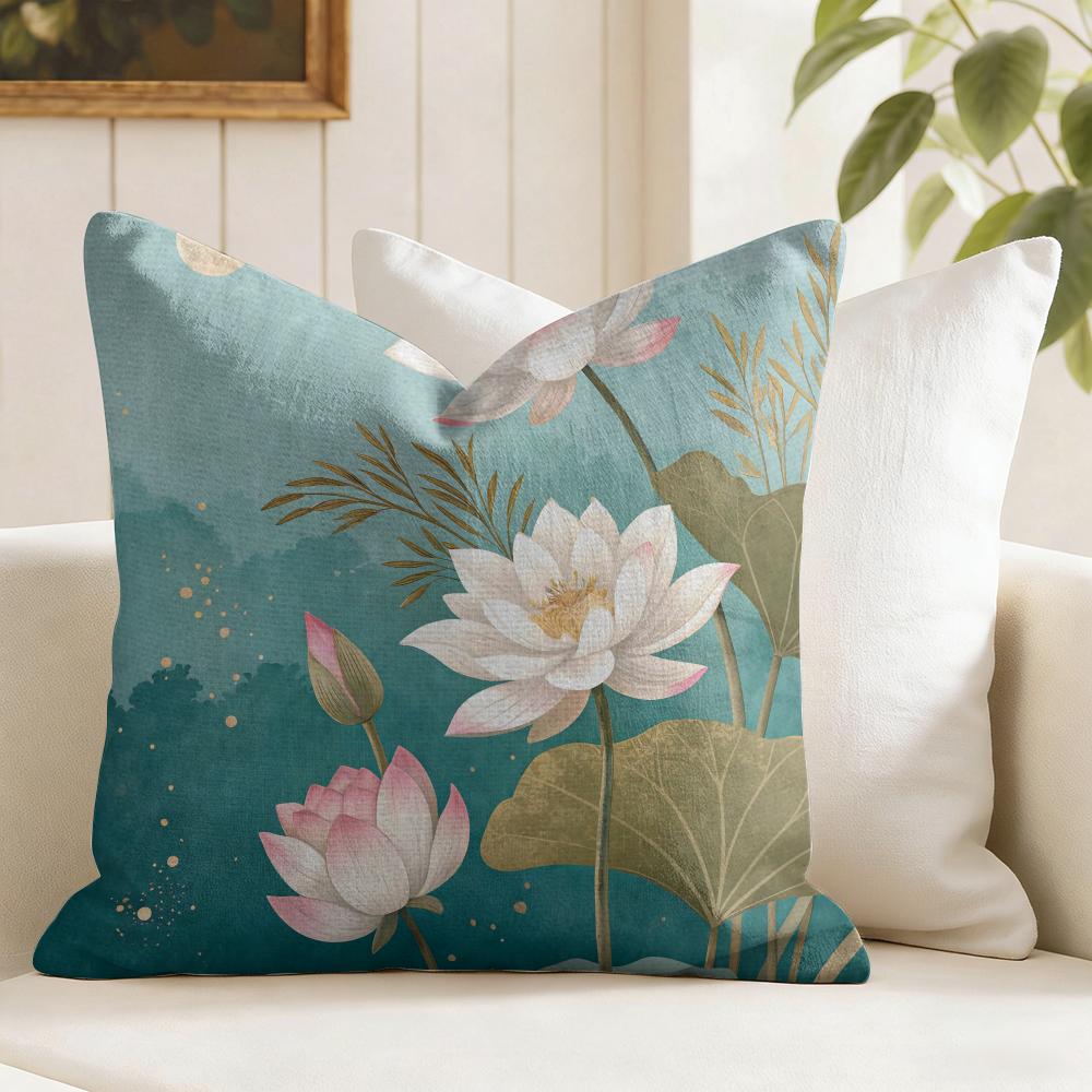 Beauty Lotus Cushion Cover Natural Linen Pillow Cover DoubleSided Print Cushion Cover for Sofa Home Decor