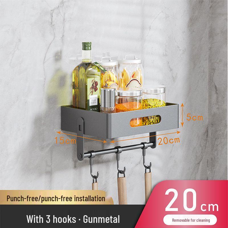 Charlotte Gunmetal Grey Wall-Mounted Kitchen Storage Rack with Seasoning Jar Organizer, Punch-Free