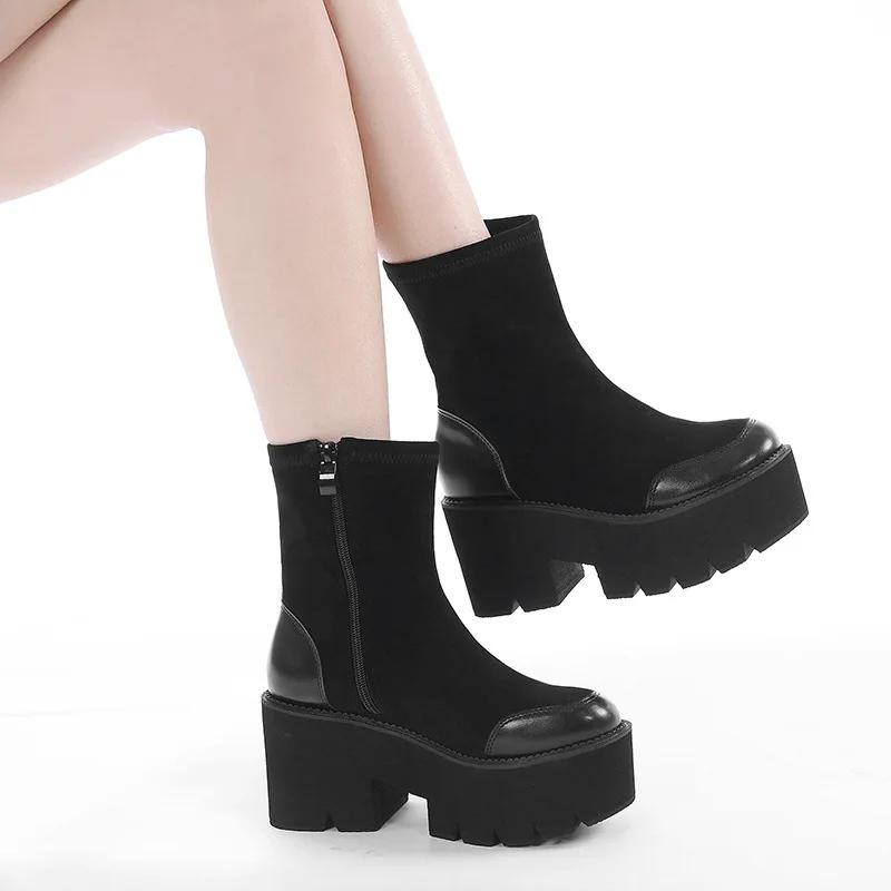 Fashion Fashion Black Ankle Boots For Women Thick Heels Spring Autumn Flock Platform Shoes High Heels Black Zipper Ladies Boots 2025