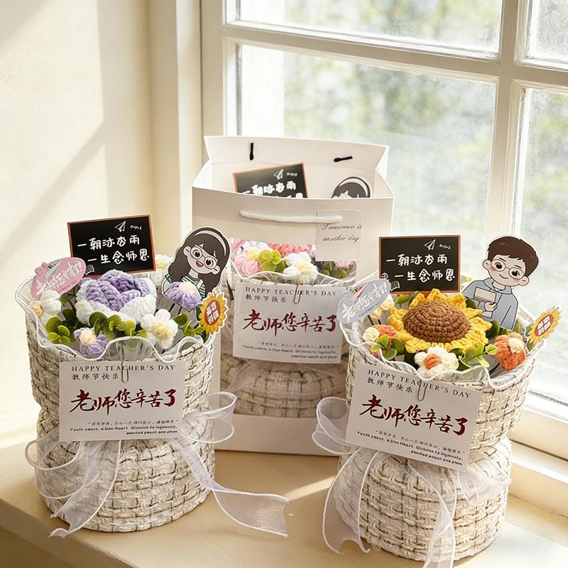 Teachers' Day Flower Bouquet Crochet Flower Gifts Graduation Artificial Bouquet Woven Flower Party Gifts