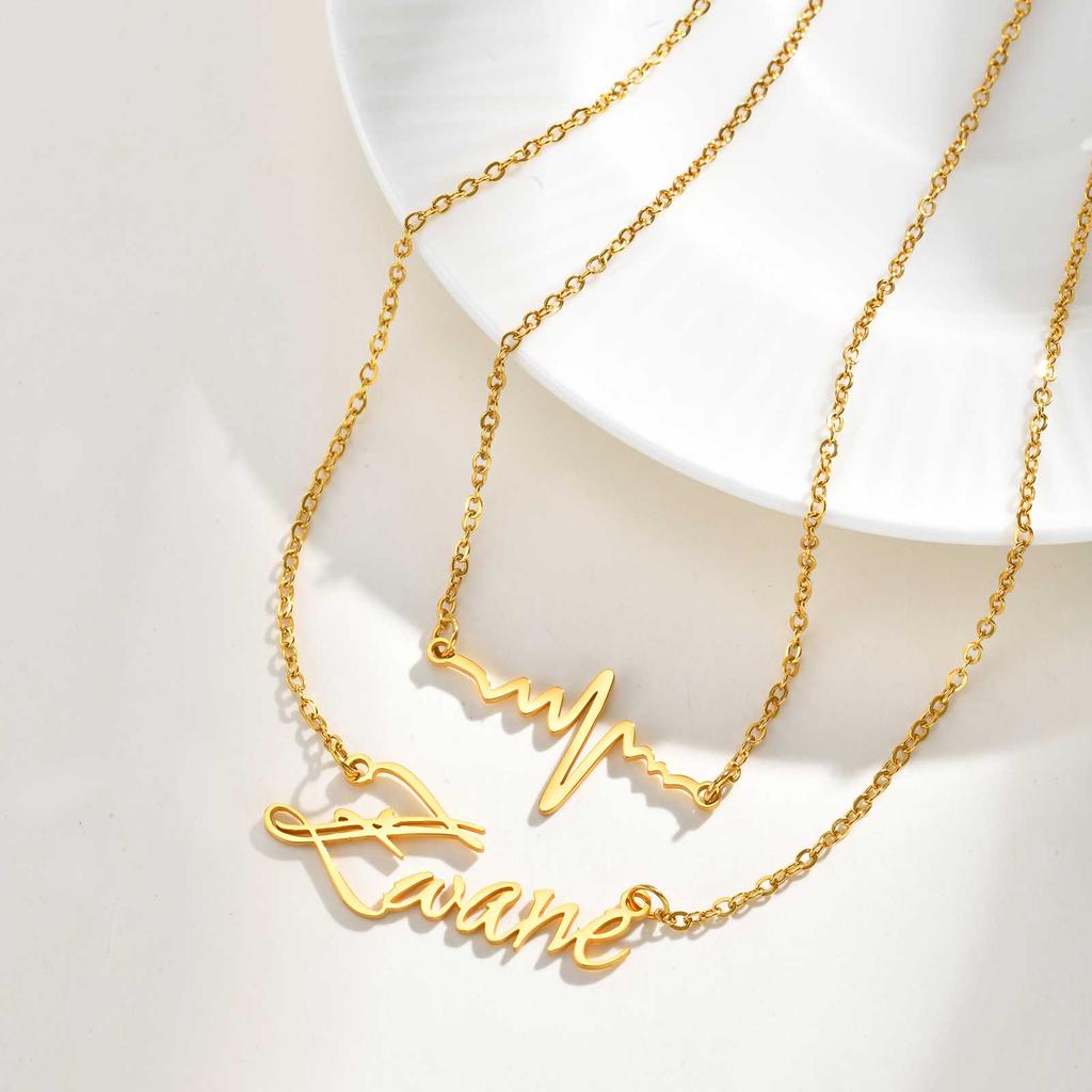 Double-Layer Free Customized Name ECG Cross Necklace for Women Rolo Chain Stainless Steel Necklaces,Personalized Jewelry Gift