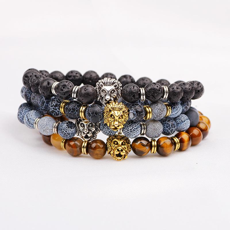 European & American Lava Stone Tiger's Eye Bracelet with Golden Lion Head for Men
