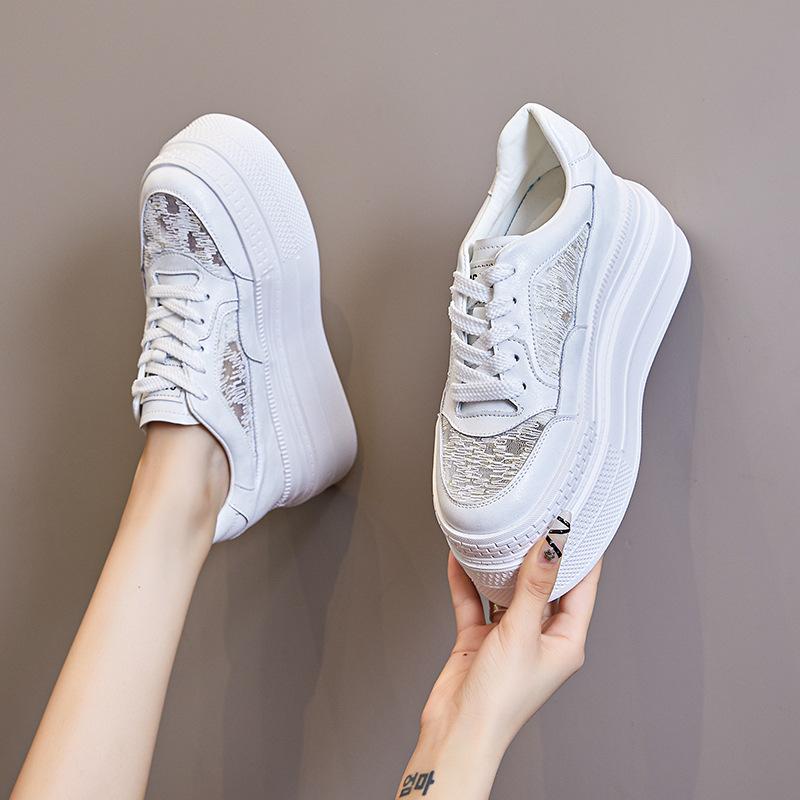 Thick-soled Leather Little White Shoes Women's 2025 Spring and Summer New Mesh Lightweight Inner Height Increase Casual Board Shoes 8cm Women's Si