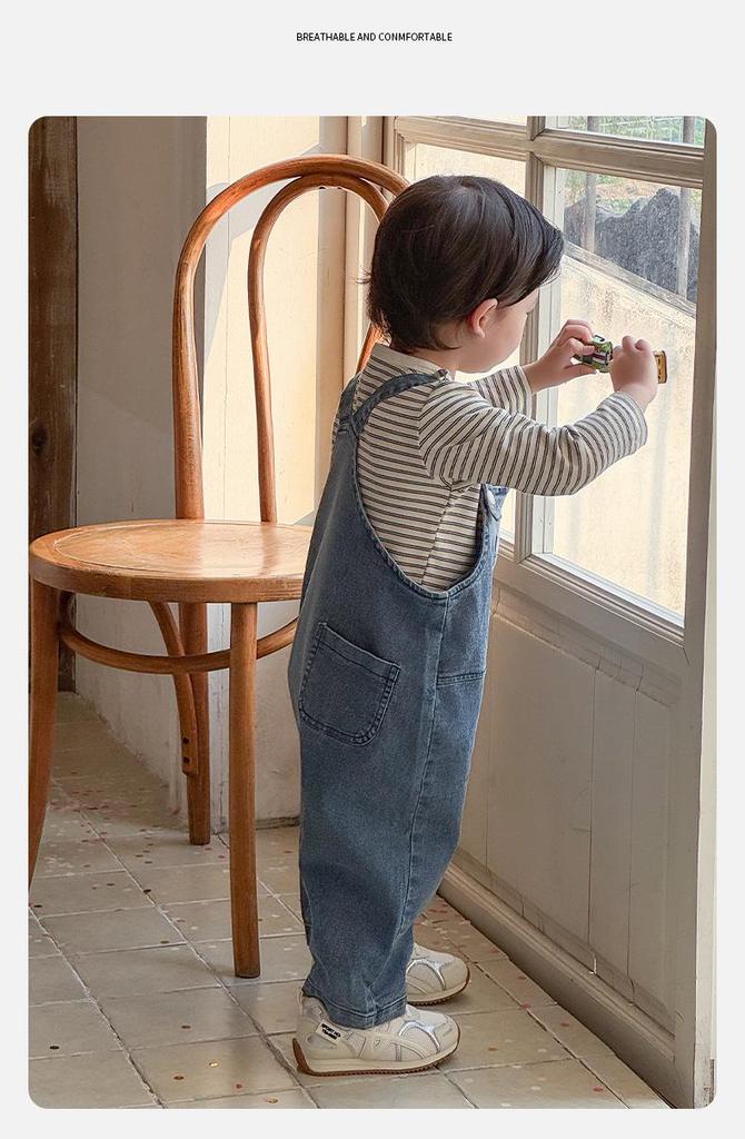 Spring 2026 Korean Style Boys' Striped Base Layer Denim Overalls Set