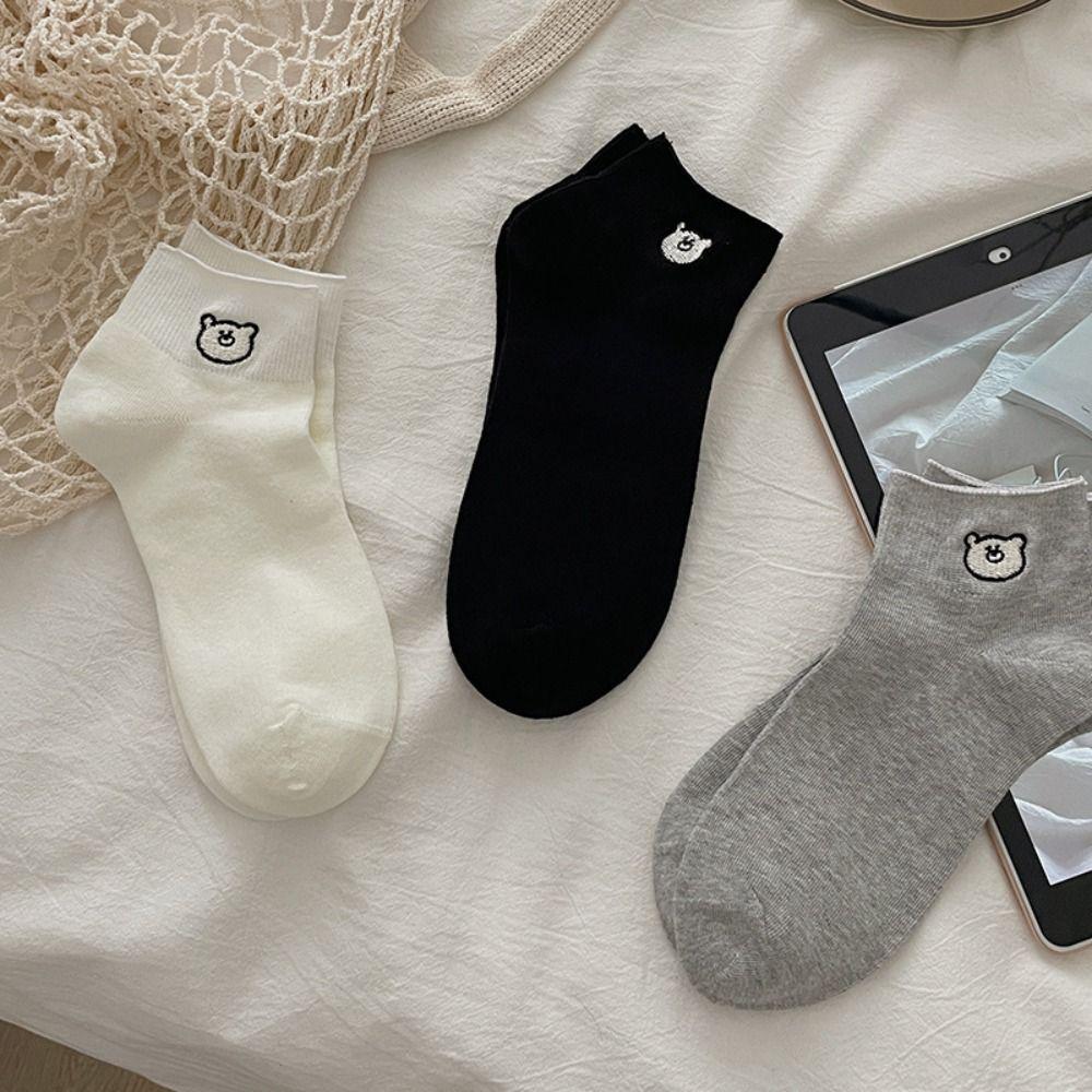 3Pairs Sweet Embroidered Bear Socks Thin Short Tube Socks Women Soft Sweet Ankle Socks  Lady