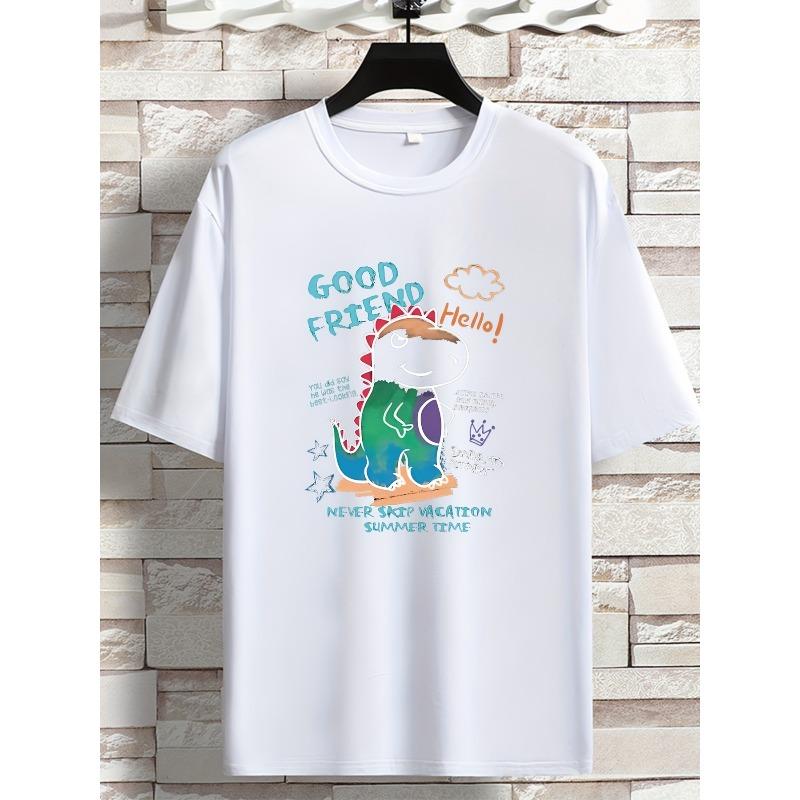 European Sizes Plus Size Men's Trendy Cute Dinosaur Graphic Tees, Comfy Stretch Breathable T-shirts For Summer, Oversized Loose Men's Clothings