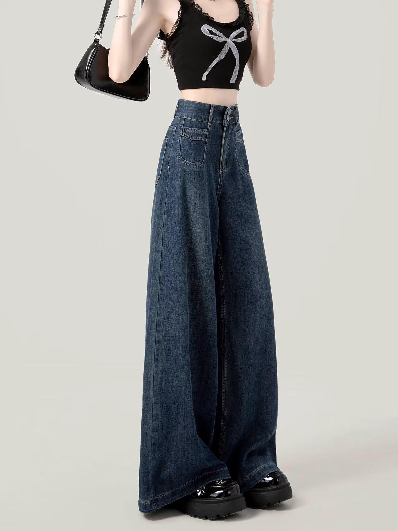 

Women s High Waist Petite Wide Leg Jeans - Floor Length, Straight & Loose for Spring/Autumn 2026 XL синий