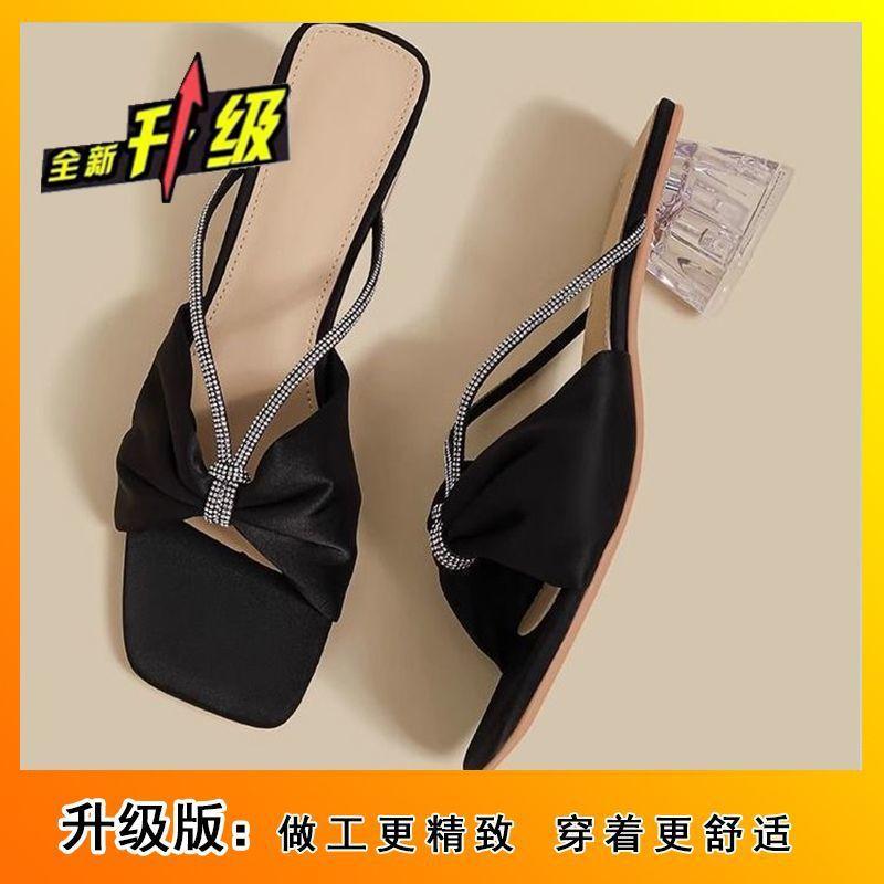 Bow high heels French high-end feeling with skirt cool slippers 2025 summer and autumn new fashion beautiful crystal heel