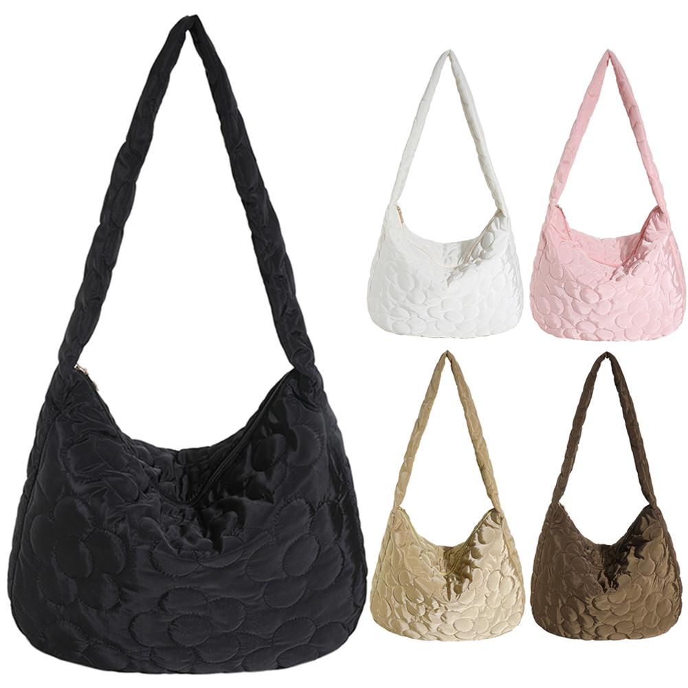 Women Puffy Hobo Bag Fashion Down Tote Handbag Casual Floral Quilted Tote Bag Lightweight Large Capacity Slouchy Shopper Bag