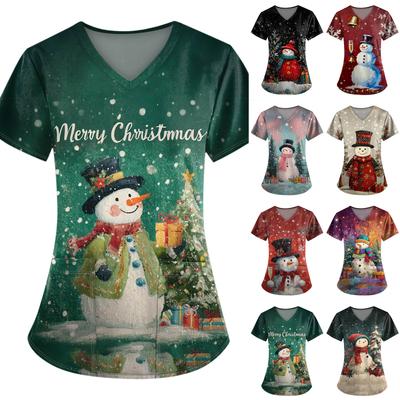Ladies' Fashionable V-neck Pocket Short Sleeved Christmas Tree Printed Caregiver Shirt
