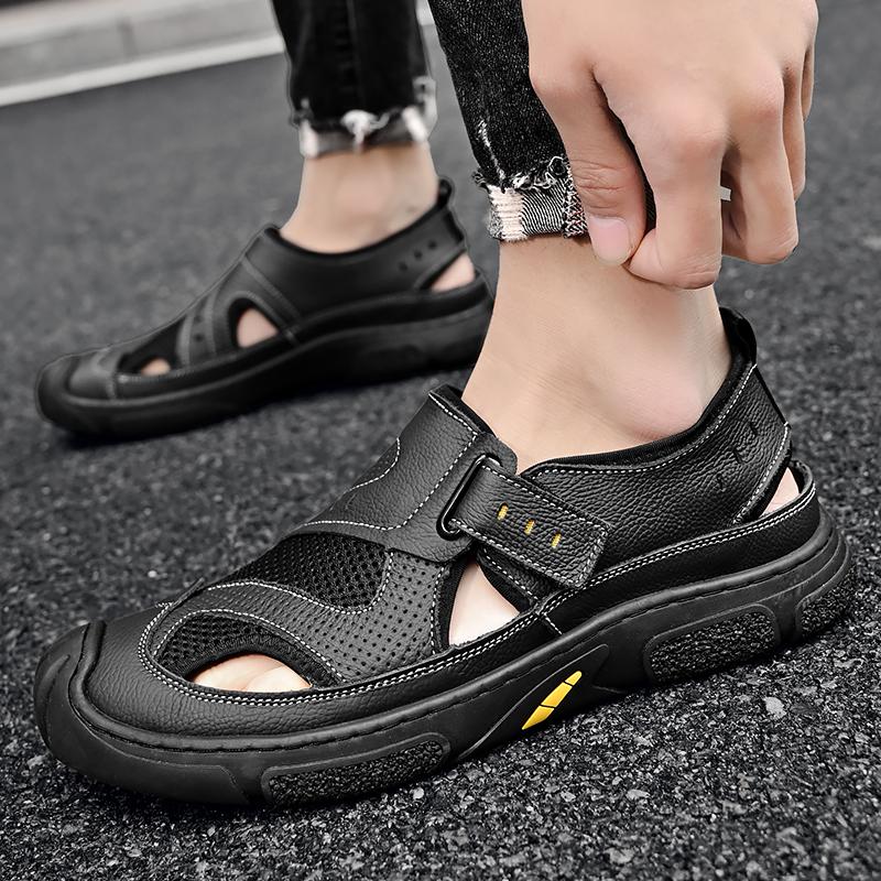 Summer Men Sandals Genuine Leather Mens Casual Shoes  Men Leather Sandals Large size breathable walking men's Black shoes