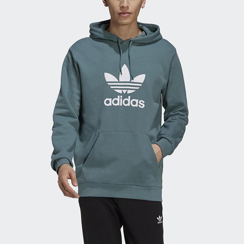 Adidas Originals Trefoil Essential Long Sleeve Hoodie, Men Vintage Loose Fit Sweatshirt Green GN3461