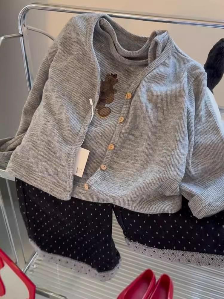 Girls' 2024 Autumn Three-Piece Set: Knitted Cardigan Vest & Polka Dot Pants