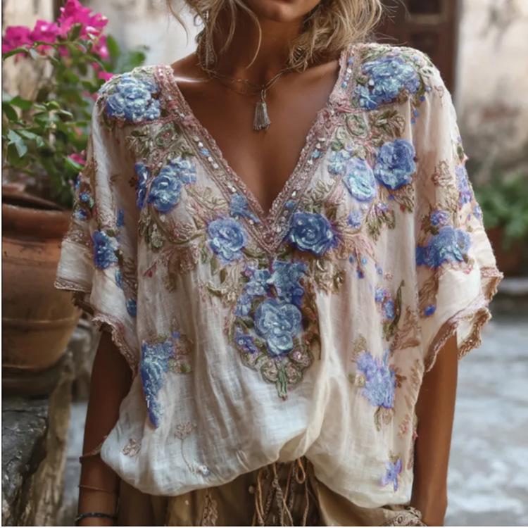 3D Printed Autumn Elegant Jacquard Drop Shoulder Short-Sleeve Women's Top