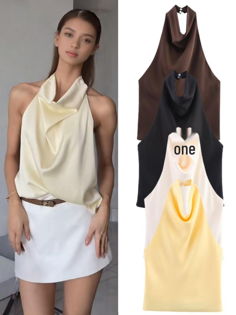Sophisticated 2025 Summer Silk Satin Halter Neck Top – European & American Style