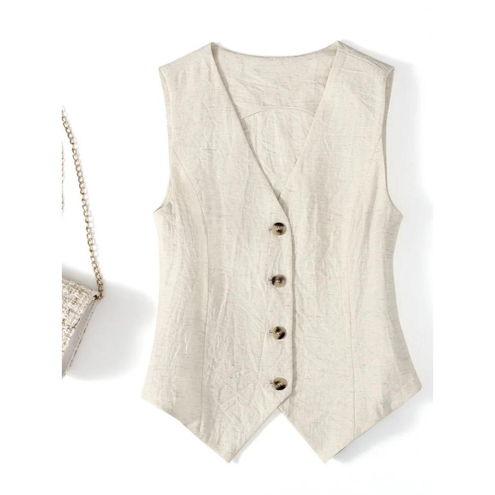 Fashionable New Linen Vest Thin Women's Vest High-end Slim Fit Short Sleeveless Suit V-neck Camisole Jacket009