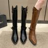 Vintage Women Knee High Boots Fashion Pointed Toe Belt Buckle Cowboy Boots Autumn Winter Ladies Chunky Heel Knight Long Booties