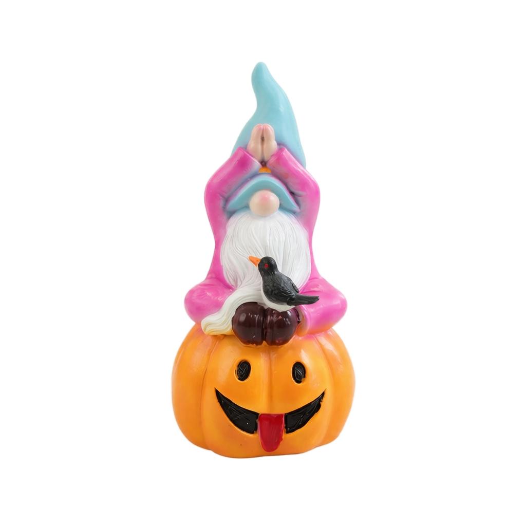 Garden Gnome Statue Halloween Decoration Resin Gnome Figurine Sitting Pose Pumpkin Elf Ornament Outdoor Indoor Display