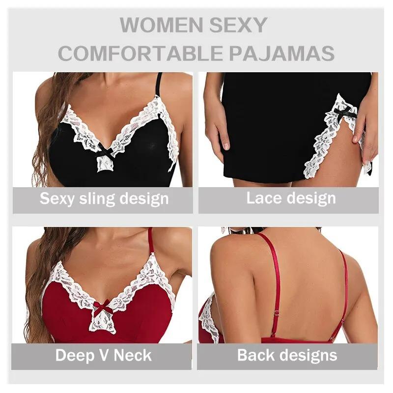 Sexy Nattøy Kvinner Blonder Silke Satin V-Hals Nattkjole Splitt Kant Mykt Undertøy Nattkjole Ermeløst Nattøy Dameklær