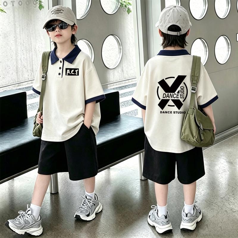 Boys' Trendy Patchwork Polo Cotton T-Shirt Set - Summer Short-Sleeve Collared Top for Kids
