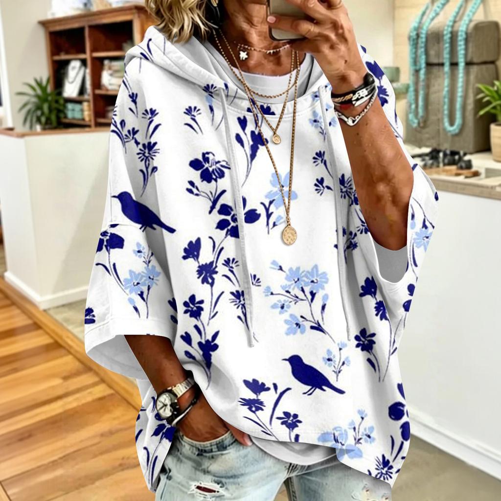 Women's Vintage Floral Print Drawstring Hoodie Loose Fit Casual Sweatshirt Top