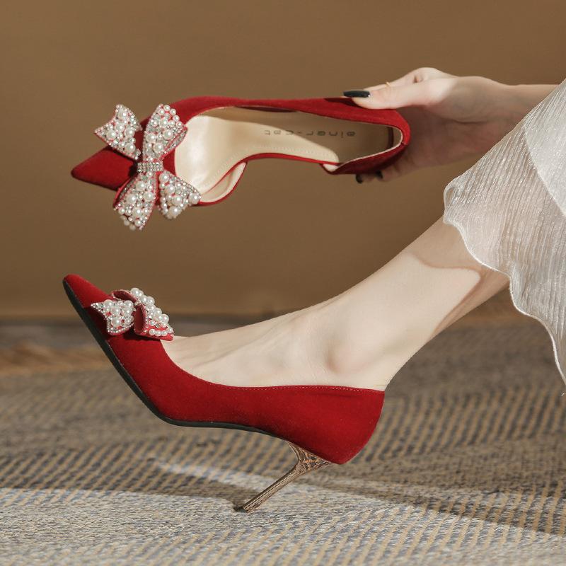 8330-1 High heels women's thin heels 2025 new wedding shoes pointed side empty rhinestone pearl bow single shoes