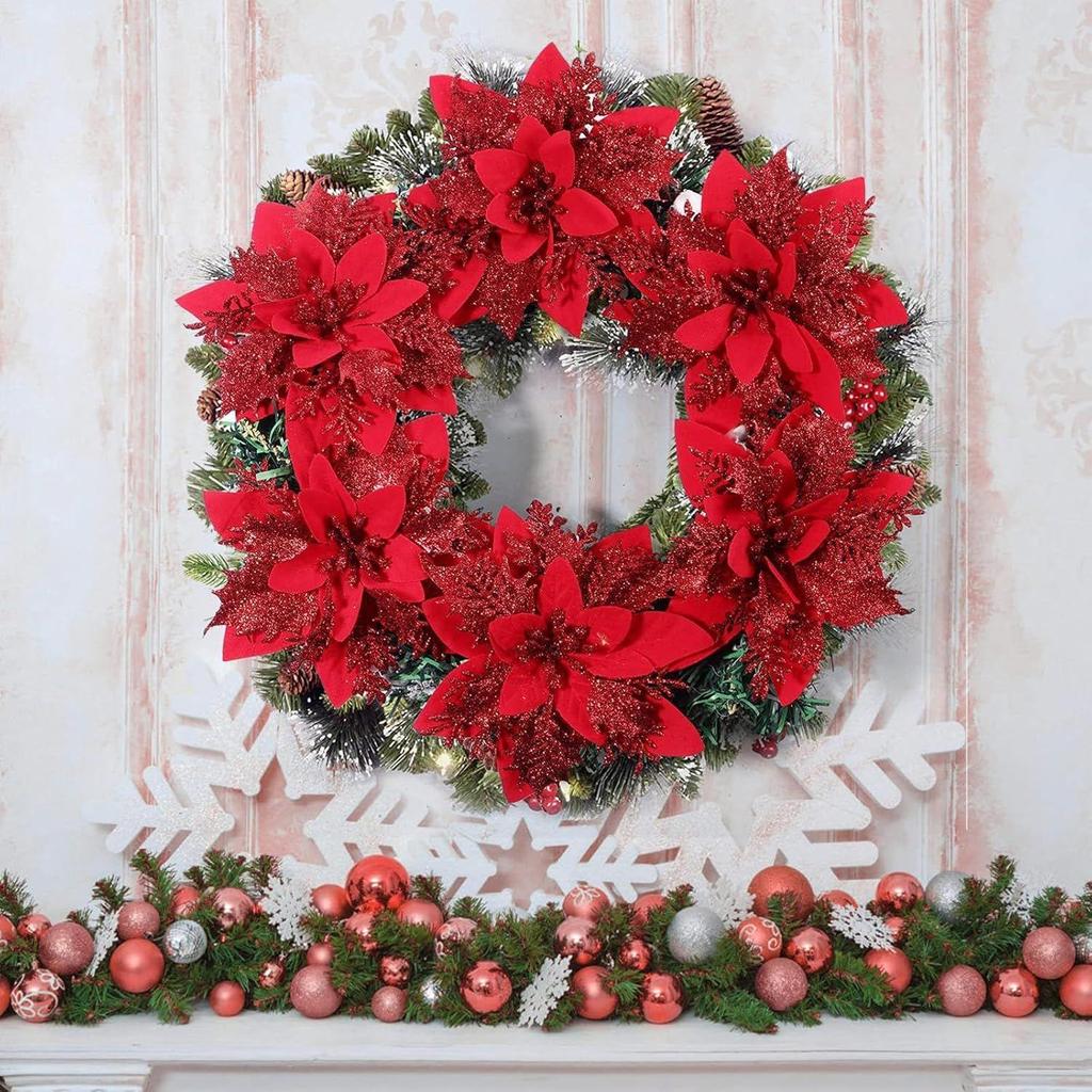 24Pcs Red Christmas Poinsettias Flowers Decoration Artificial Flowers for Christmas Tree Ornaments Suitable for Home Christmas Decorations