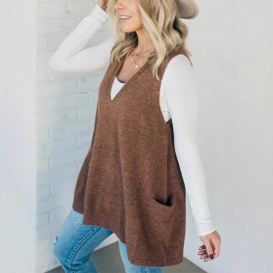 Yousheng Women Sweater V-neck Sleeveless Solid Color Knitting Vest with Pockets Ribbed Trim Loose Fit Mid-length Casual Knitwear
