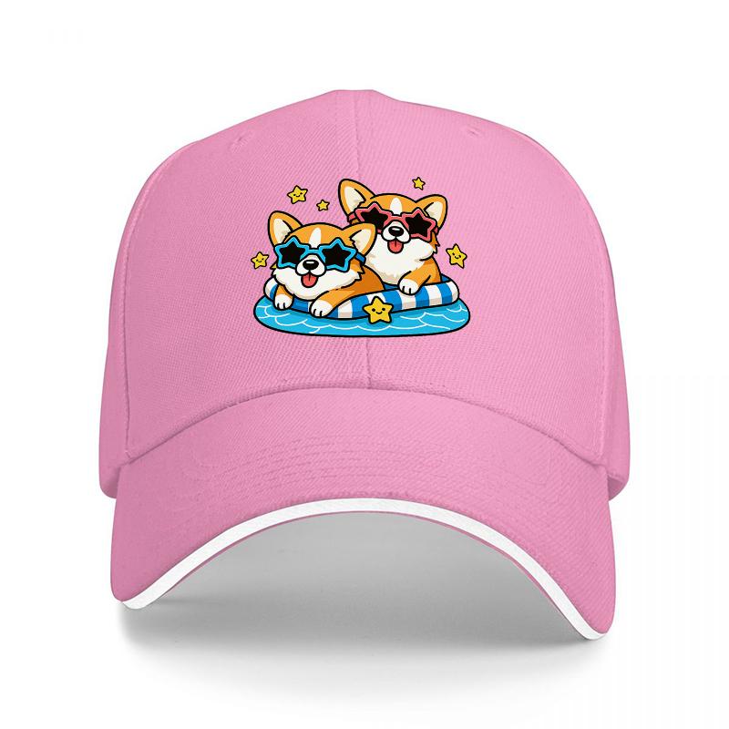 Corgi-Hunde-Sommer-Pool-Schwimmkappe, cooles Cartoon-Haustier-Sonnenbrillen-Design, schwarzer verstellbarer Hut für Erwachsene