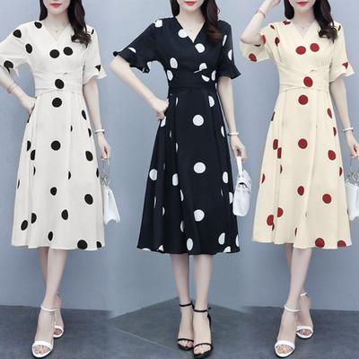 V-Neck Ruffle Short Sleeve Women Dress Waist Lace-up High-waist Large Hem Summer Big Dot Print Midi Dress Female Clothing