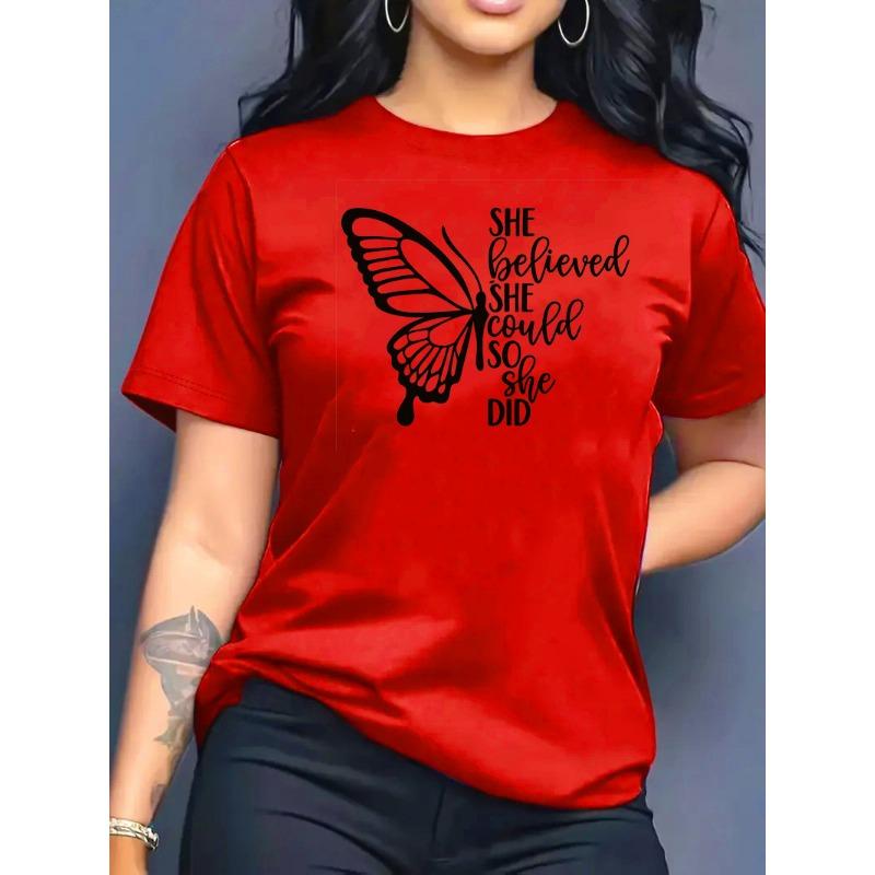 2026 Summer New Fashion Casual Loose Butterfly Print Crew Neck Short Sleeve T-Shirt Top Women Clothes XL