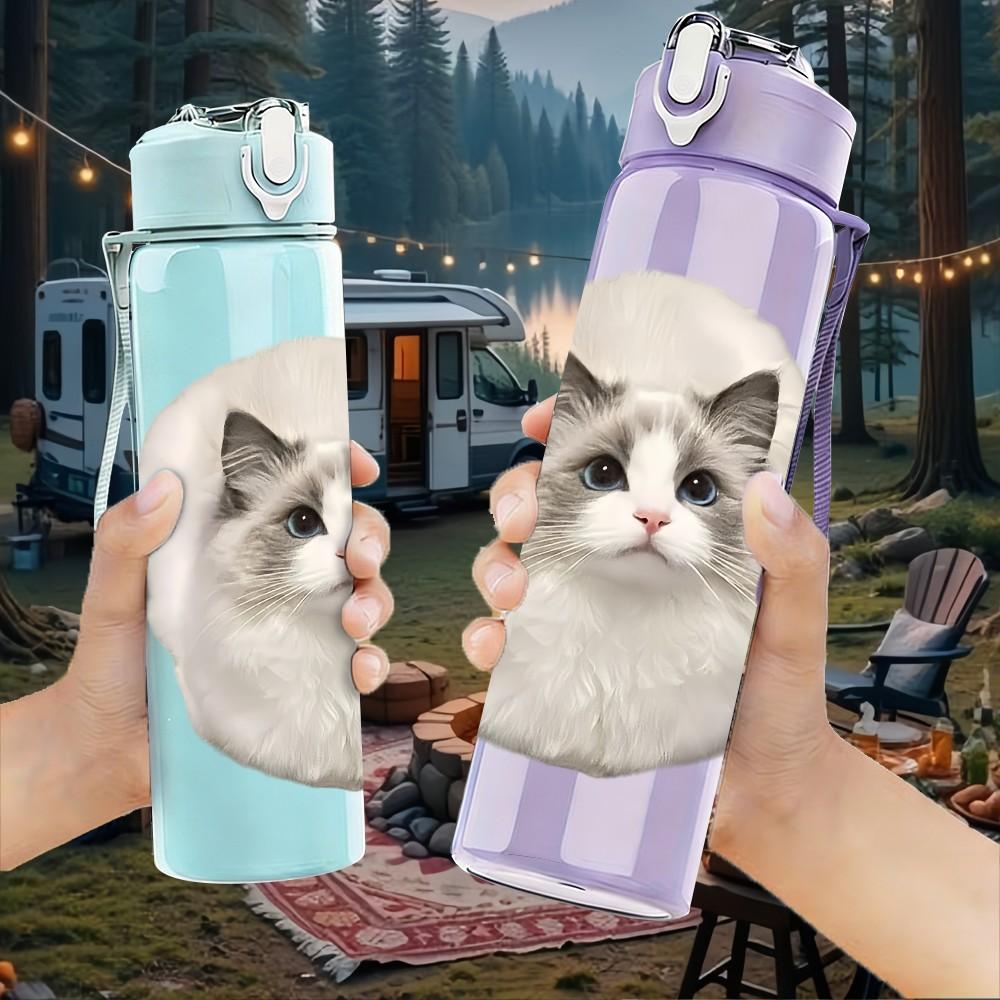 1PC Fluffy Ragdoll Cat 750ml Color Plastic Sports Water Bottle Leakproof Flip Straw Lid Suitable for Sports Office Home Use