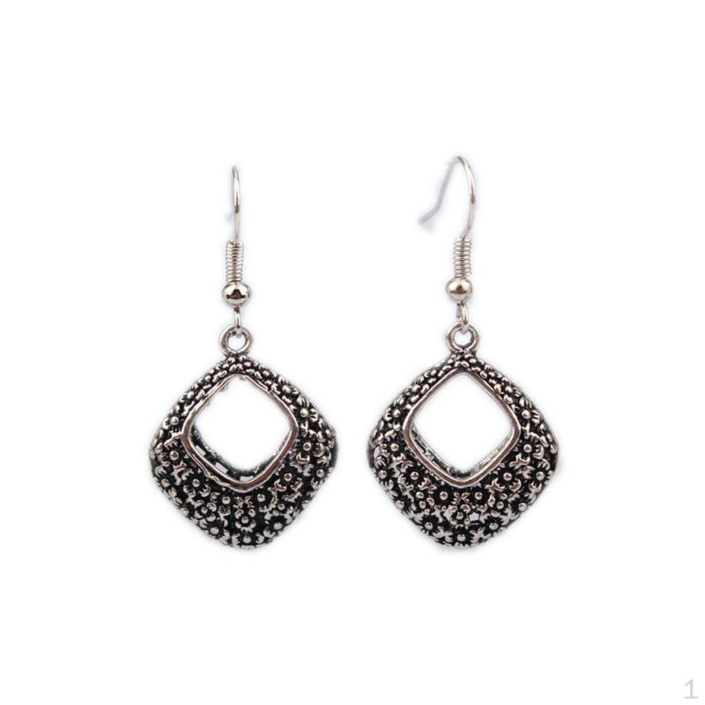 

Полые резные ромбовидные этнические серьги в стиле ретро для женщин, тибетское серебро