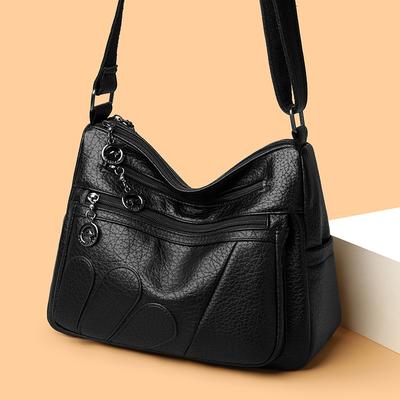 Vintage Leren Crossbody Tas Hartmotief Detail Meerdere Ritsvakken Casual Schoudertas voor Dames