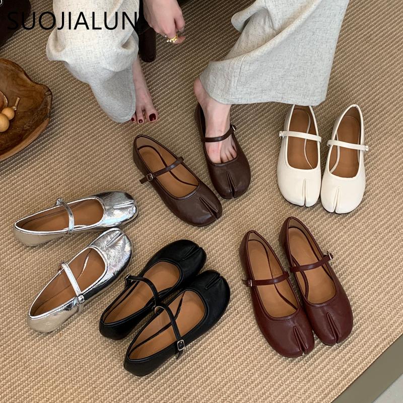 Fashion SUOJIALUN 2025 Autumn Women Flat Shoes Fashion Split Toe Slip On Mary Jane Ballet Shoes Soft Flat Heel Outdoor Casual Single Sh