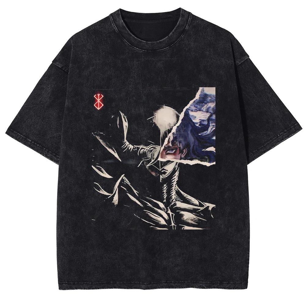 Berserk Brand of Sacrifice & Katana Vintage Washed Double-Sided Anime T-Shirt, Unisex Dark Fantasy Manga Fan Streetwear Tee, 100% Cotton Casual Short