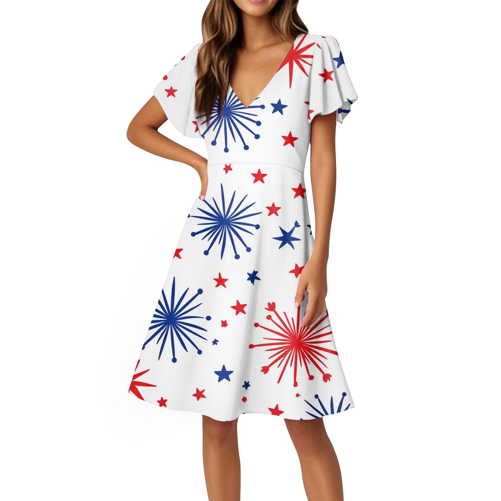 

Платья ко Дню Независимости Платья с коротким рукавом и рукавом-фонариком Повседневные платья с V-образным вырезом L белый