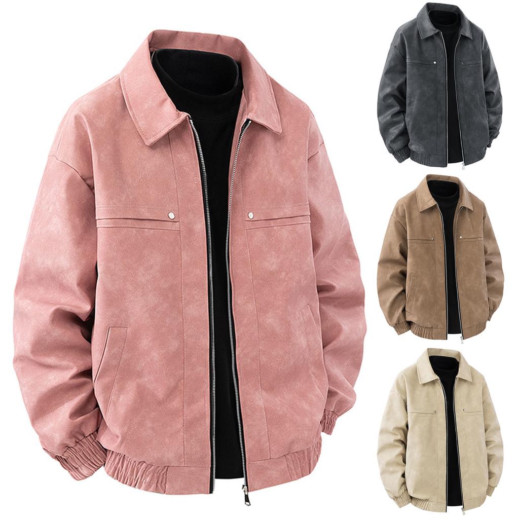 Men's Retro Solid Color Lapel Leather Jacket Casual Sports Loose Coat