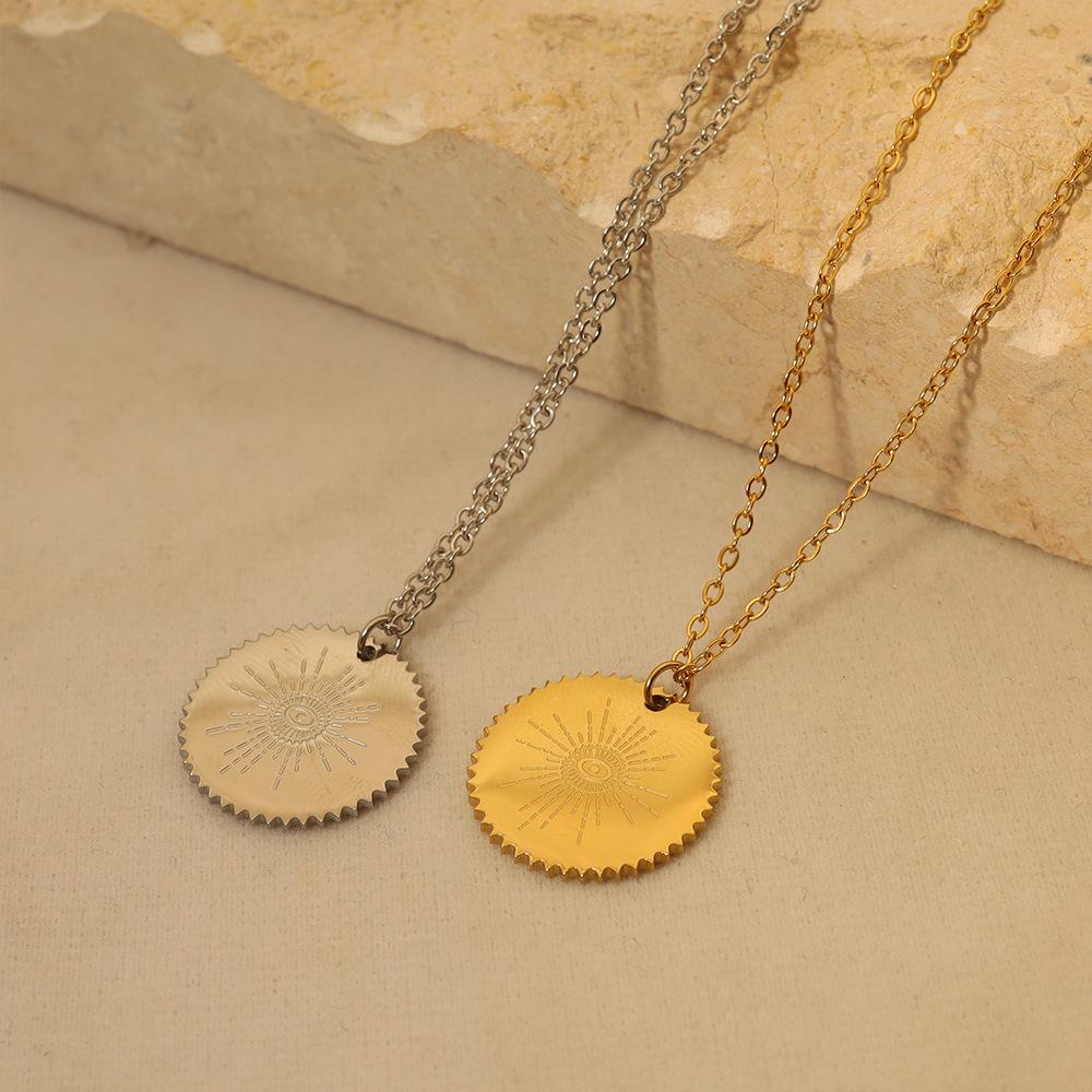 Simple Sun Titanium Steel Necklace Versatile Vintage Radiant Lines Round Pendant Non-Fading Clavicle Chain
