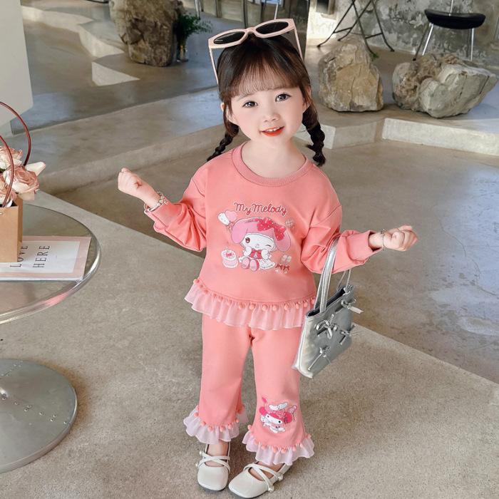 Girls Spring Autumn Ruffled Long Sleeve Sweatshirt Two Piece Set with Cartoon Print 90 розовый