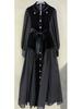 Elegant Belted Long-Sleeve French Dress with Button and Rhinestone Detailing